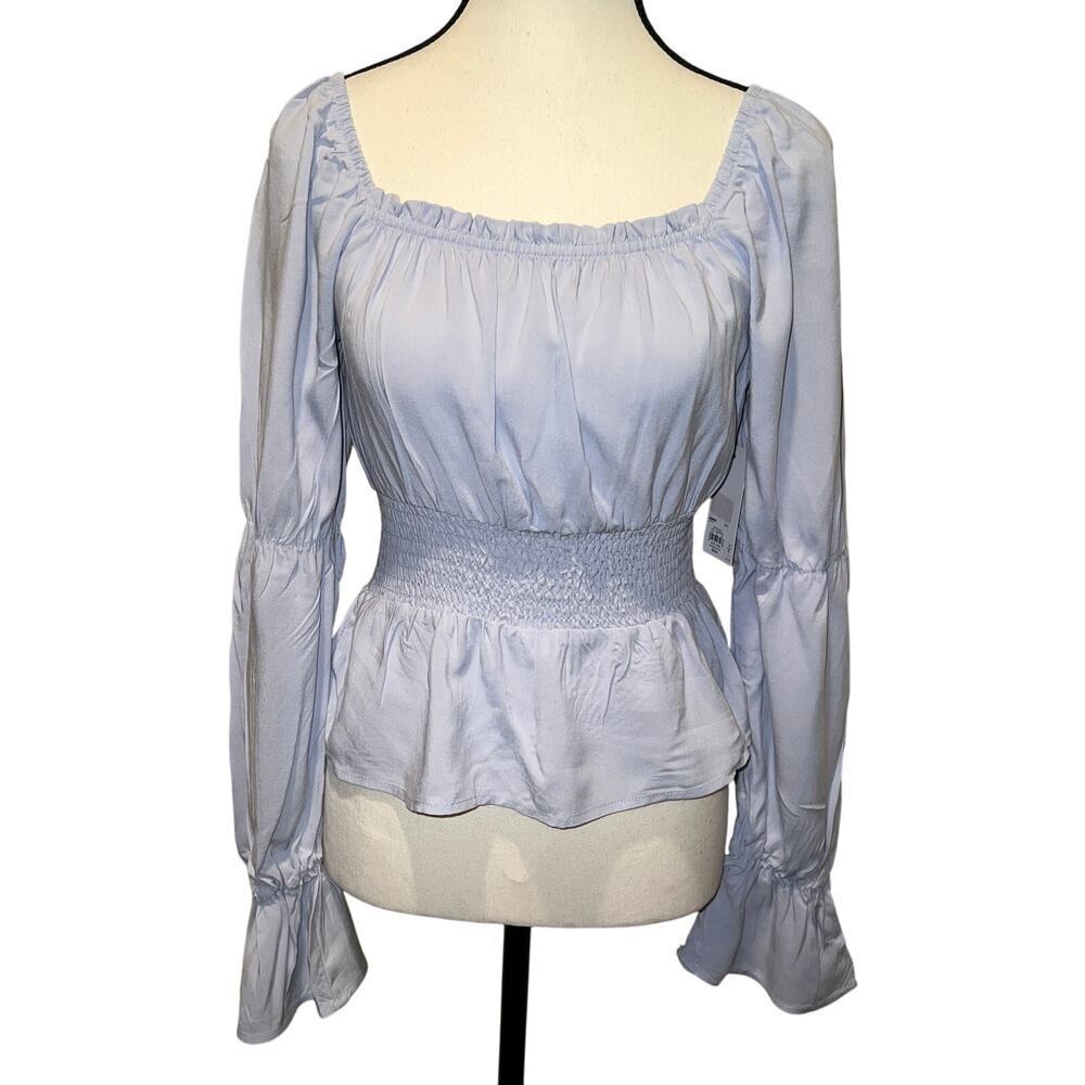 SO Goods for Life Smocked Peplum Square Neck Bell Sleeve Blouse Baby Blue Size S